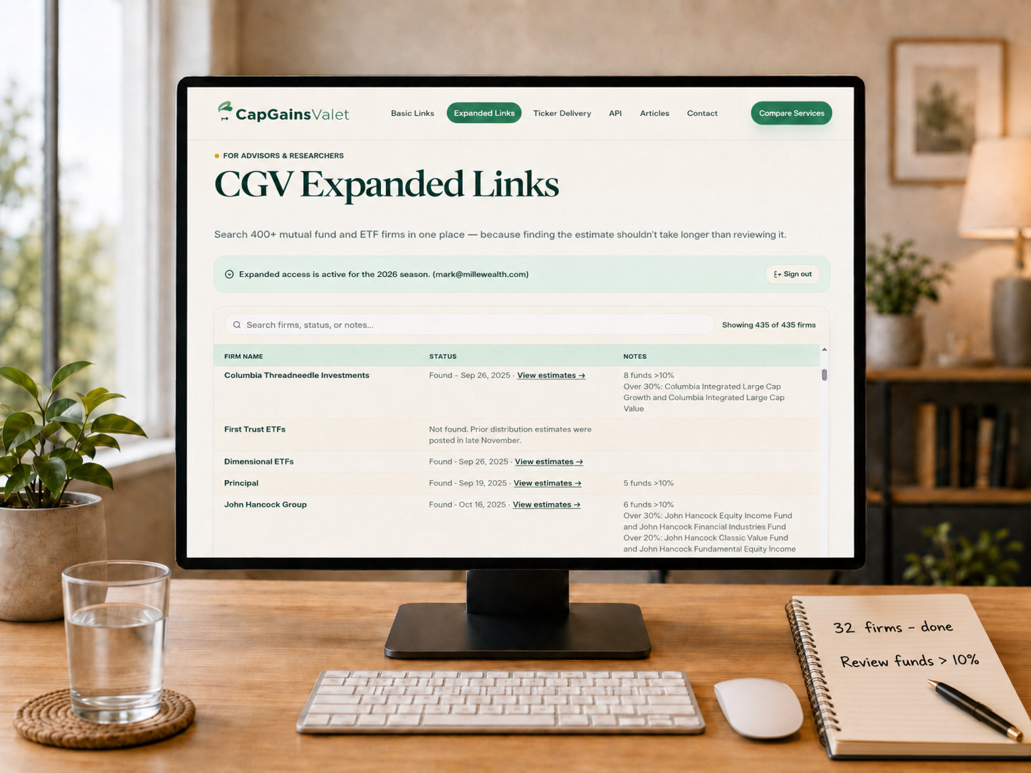 CGV Expanded Links page with a searchable table of 400+ mutual fund and ETF firms